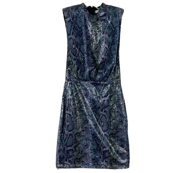 NWOT ASOS Dress 4 Blue Iridescent Sequins Snakeskin High-Neck Shoulder-Pad Zip - Picture 2 of 16
